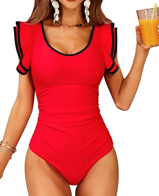 SOCIALA One Piece Swimsuit Color Block U Neck Sexy Layered Ruffle Bell Sleeve Tummy Control Bathi... | Amazon (US)