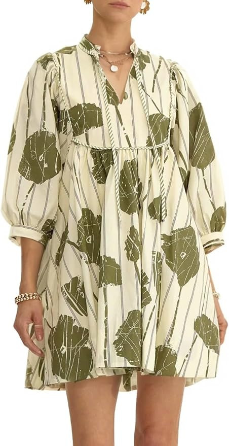 Women Floral Babydoll Mini Dress V Neck 3/4 Puff Sleeves A Line Flowy Swing Summer Sun Dresses | Amazon (US)