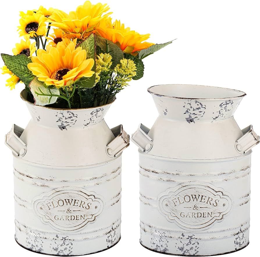 Suwimut 2 Pack Rustic Metal Flower Vase, 7.9 Inch Shabby Chic Vintage Farmhouse White Flower Jug ... | Amazon (US)