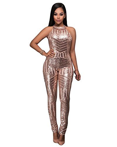 Women Sexy Sleeveless Sequin Backless Bodycon Party Clubwear Jumpsuit Romper Gold S | Amazon (US)