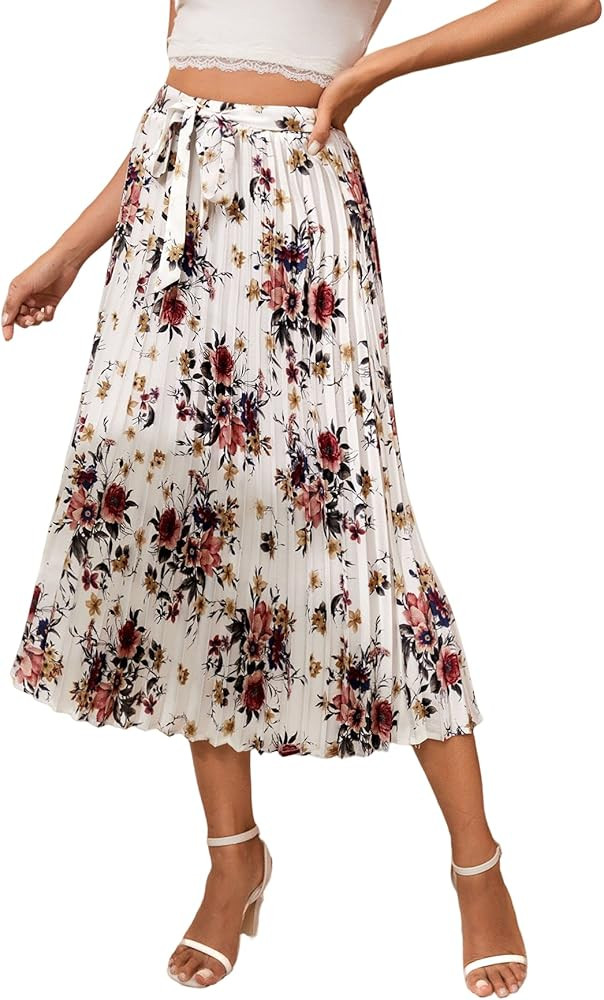 Floerns Women's Floral Printed Elastic Waist A Line Pleated Ruffle Midi Skirt | Amazon (US)