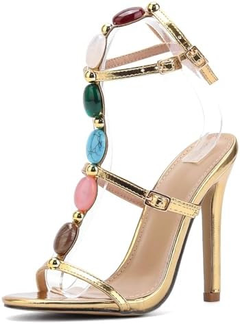 Kluolandi Jewelled Strappy Gold Heels for Women Open Toe Ankle Strap Gladiator Stiletto Heeled Sa... | Amazon (US)