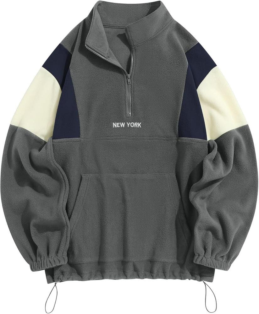 ZAFUL Men's Fluffy Polar Fleece Sweatshirt NEW YORK Embroidery Colorblock Half Zip Unisex Hoodie | Amazon (US)