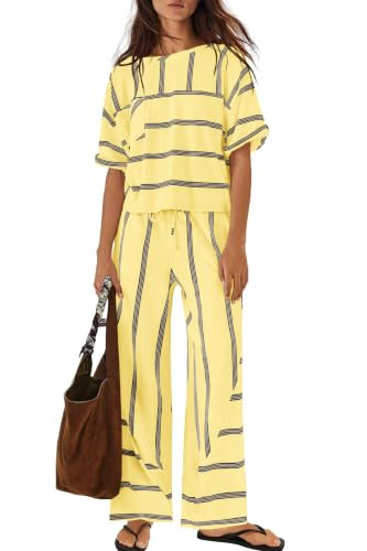Nirovien Womens Striped Lounge Set 2 Piece Vacation Sets Short Sleeve Tops and Wide Leg Pants Travel Sets with Pockets(Yellow Black Purple,L) | Amazon (US)