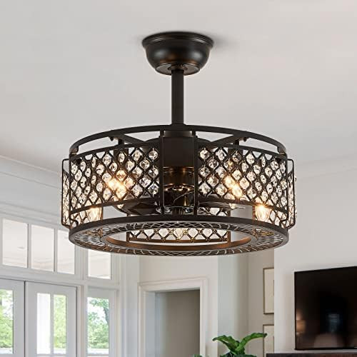 Bladeless Ceiling Fan Enclosed Black Cage Flush Mount Crystal Small Ceiling Fan with Lights and Remo | Amazon (US)