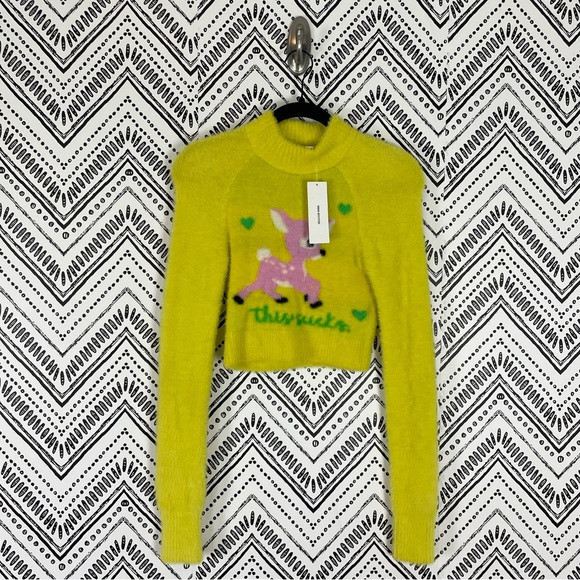 Nwt Women urban Outfitters Yellow Pink Deer This Sucks Fuzzy Crop Y2K Sweater XS | Poshmark