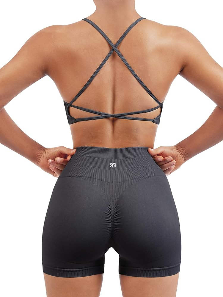 SUUKSESS Women Seamless Workout Sets Strappy Sports Bra High Waist Booty Shorts Outfits | Amazon (US)