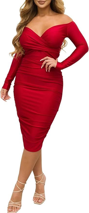 Remelon Women's Elegant Off The Shoulder Dress Long Sleeve Wrap Ruched Bodycon Club Party Evening... | Amazon (US)