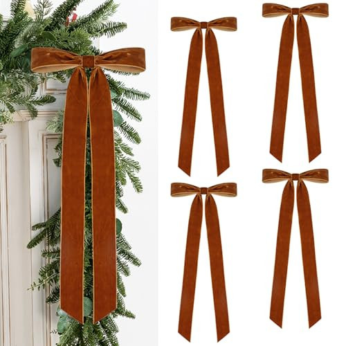 Velvet Bows for Christmas Tree Pack of 4 Large Rustic Crafts Gift Wreath Bow Ornaments for Xmas Topper Staircase Home Wedding Outdoor Interior Decor, 2" Width, 23 x 8.7 Inch (4, Brwon) | Amazon (CA)
