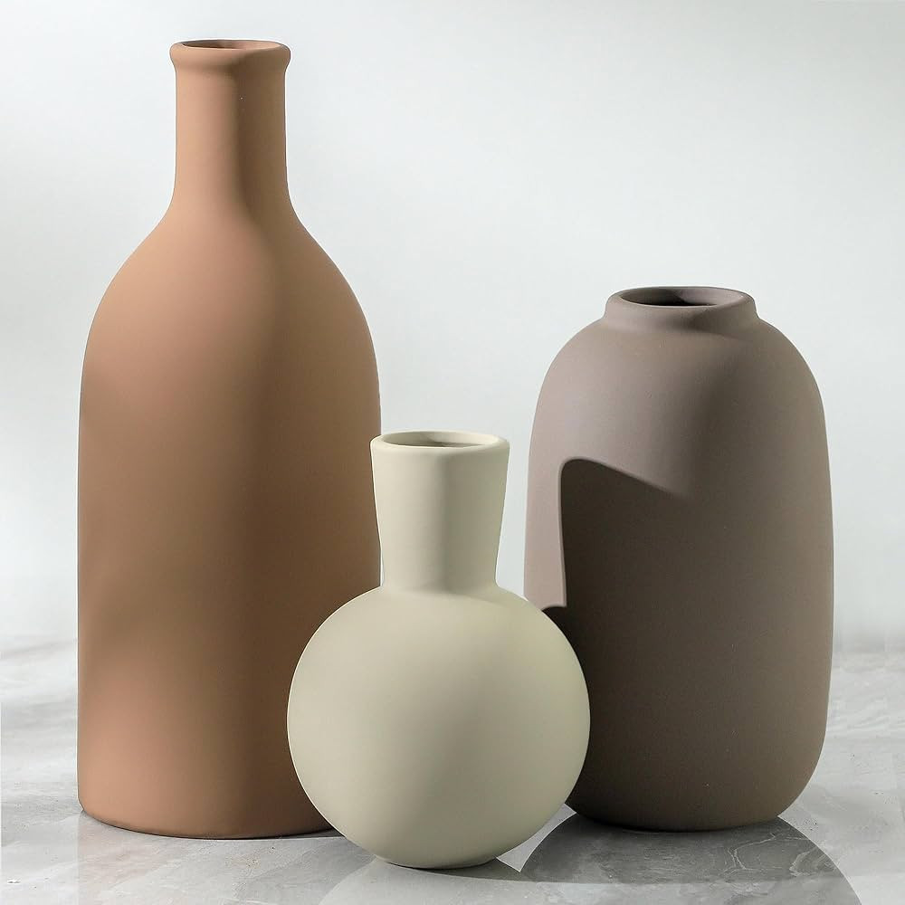 Ceramic Vases Set of 3, Modern Neutral Rustic Farmhouse Home Decor Pottery Pampas Decoration for ... | Amazon (US)