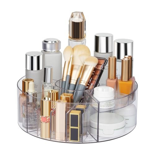 360° Rotating Makeup Organizer, 10" Clear Turntable Lazy Susan Organizer for Vanity, Bathroom Counter, Cabinet, Spinning Cosmetic Storage Holder with 6 Dividers for Skincare, Makeup Brushes, Lipsticks | Amazon (US)
