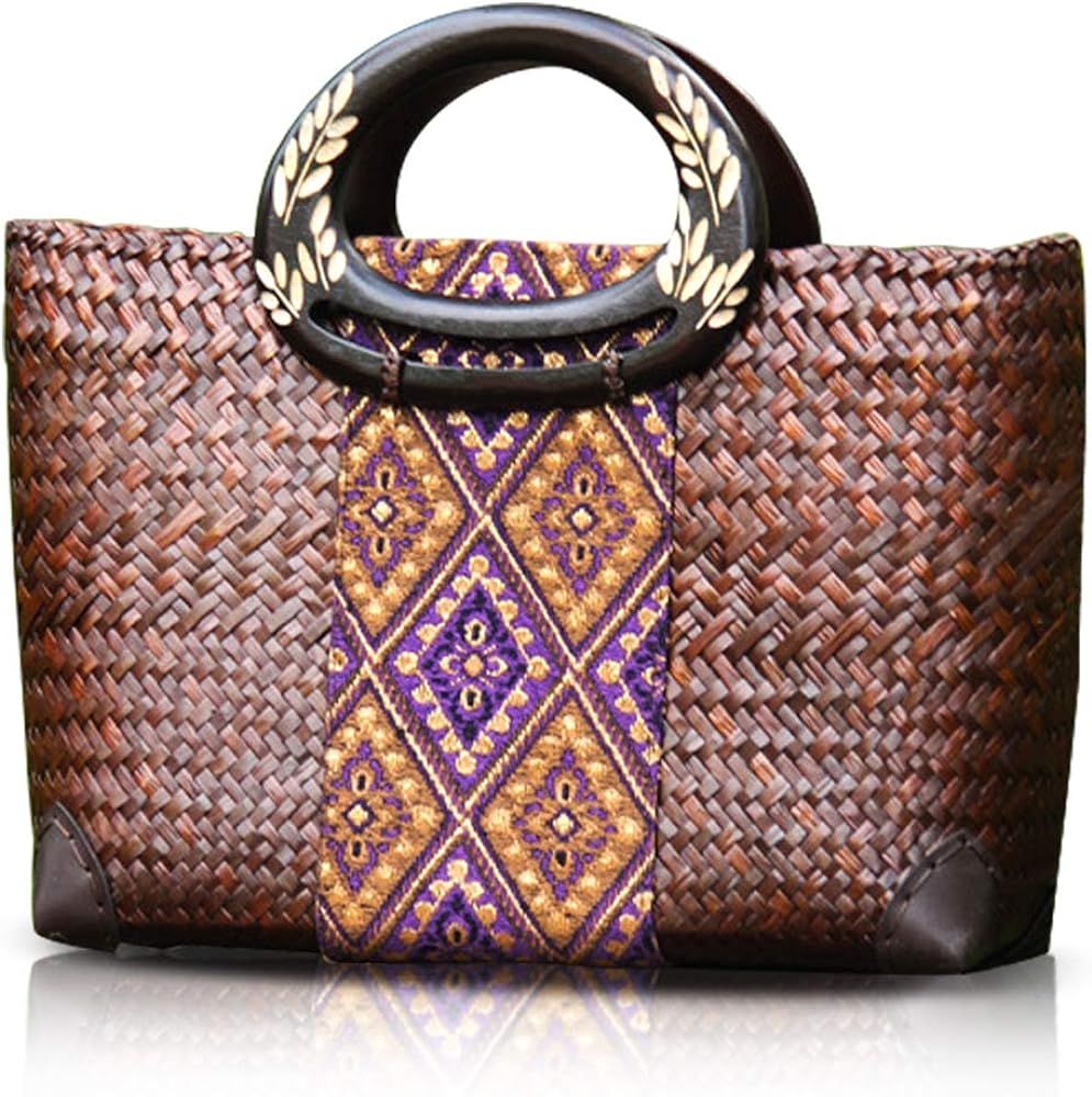 Amazon.com: QTKJ Women Summer Retro Straw Bag with Printing Hand-woven Beach Handbag Leaf Pattern... | Amazon (US)
