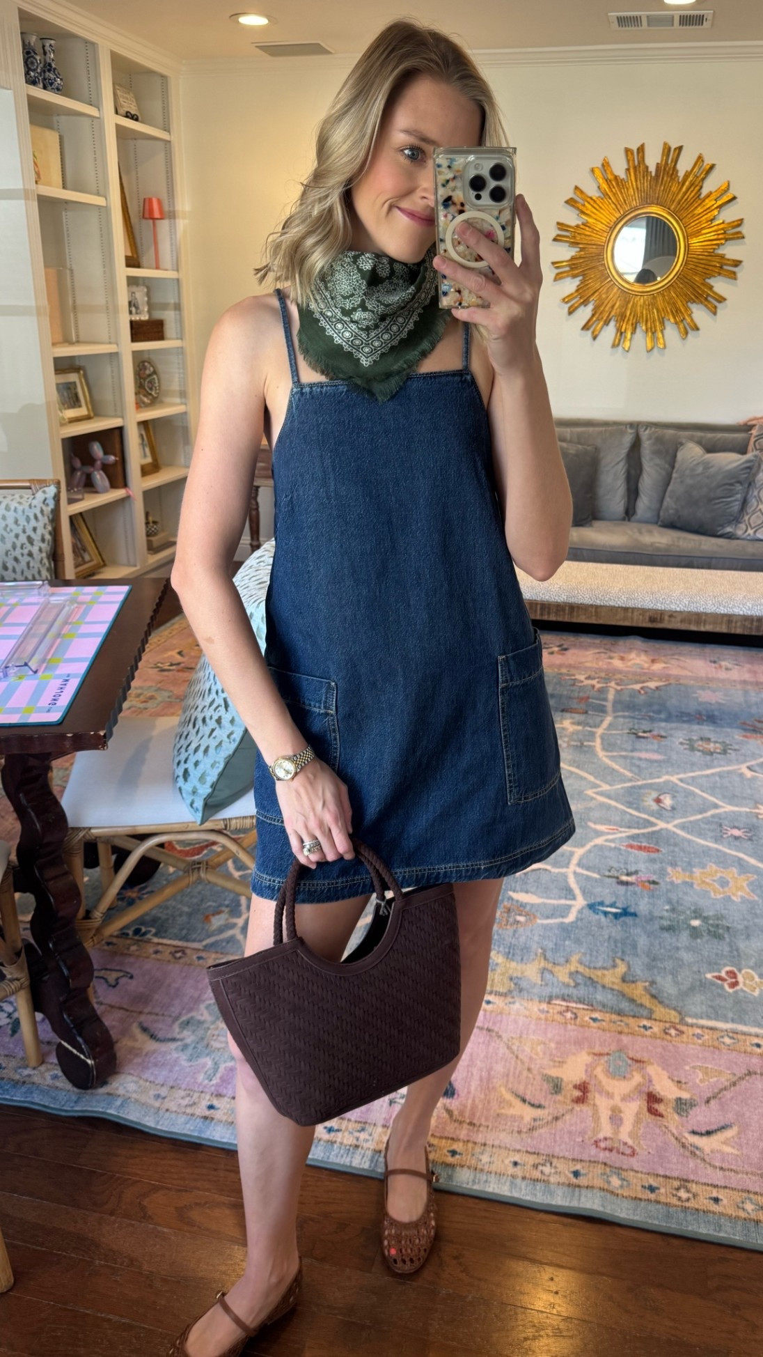 Denim dress on sale for $21! Paired with Target scarf & purse!