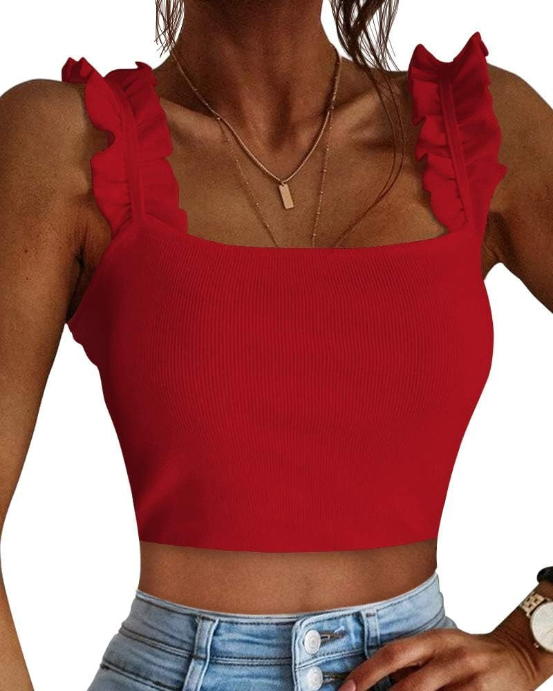 CLOZOZ Cute Crop Tops for Women Tank Tops Ribbed Ruffle Strap Square Neck Womens Trendy Going Out... | Amazon (US)