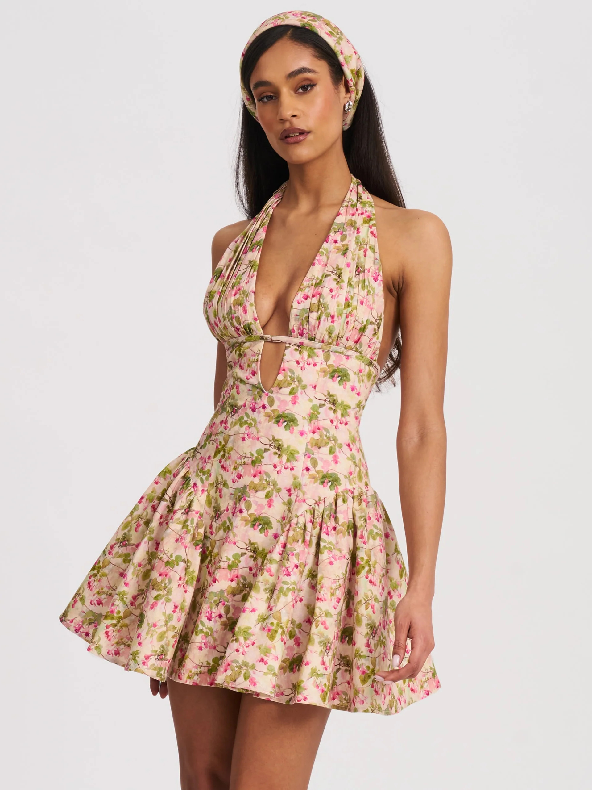 Mackenzie Green and Pink Floral Print Halter Linen Mini Dress | Miss Circle