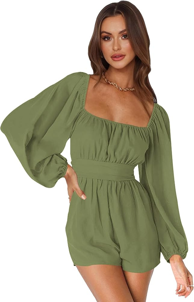 Long Sleeve Shorts Rompers For Women 2024 Summer Square Neck Tie Back Dressy Chiffon Mini Short J... | Amazon (US)