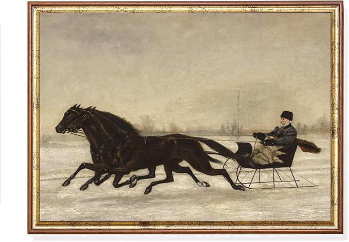 Winter Snowy Landscape, Horse drawn Sleigh Rustic Painting, Antique Fine Art Print, Vintage Chris... | Amazon (US)