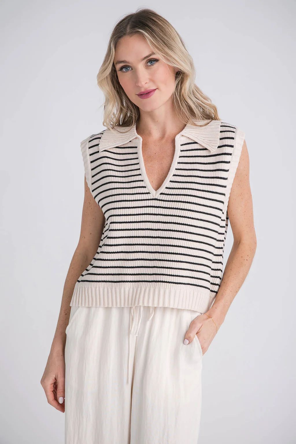 By Together Striped Sleeveless Polo Knit Sweater | Social Threads