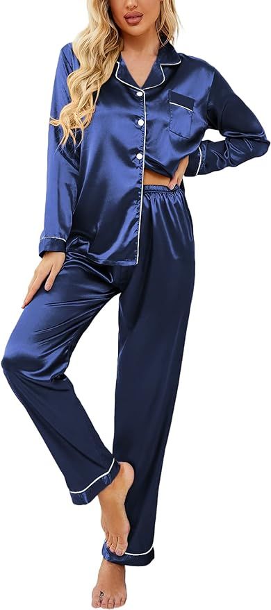 Ekouaer Women's Satin Pajama Set Classic Button Down Loungewear Long Sleeve Sleepwear Premium Sil... | Amazon (US)