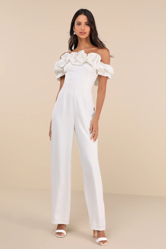 Immense Glamour White Satin Ruffled Off-the-Shoulder Jumpsuit | Lulus