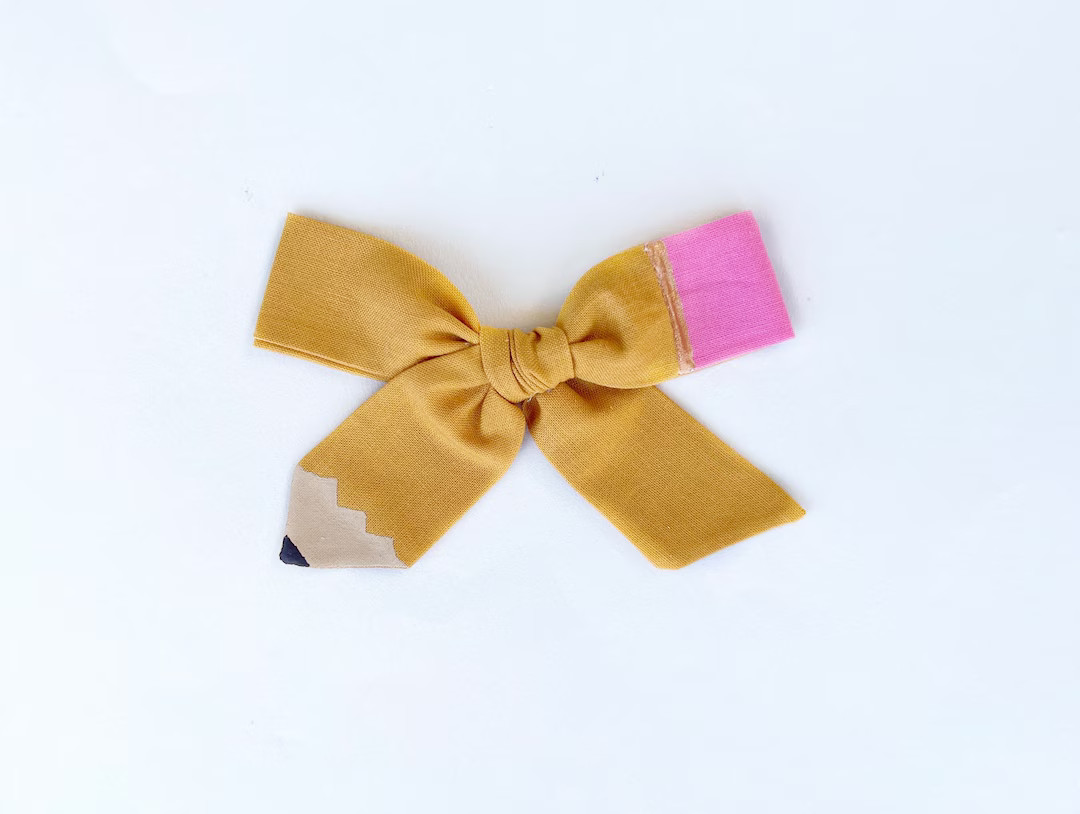 Hand Painted Pencil Bow Clip, Mustard Pencil School Bow, Back to School Bow, Kindergarten Hair Bo... | Etsy (US)
