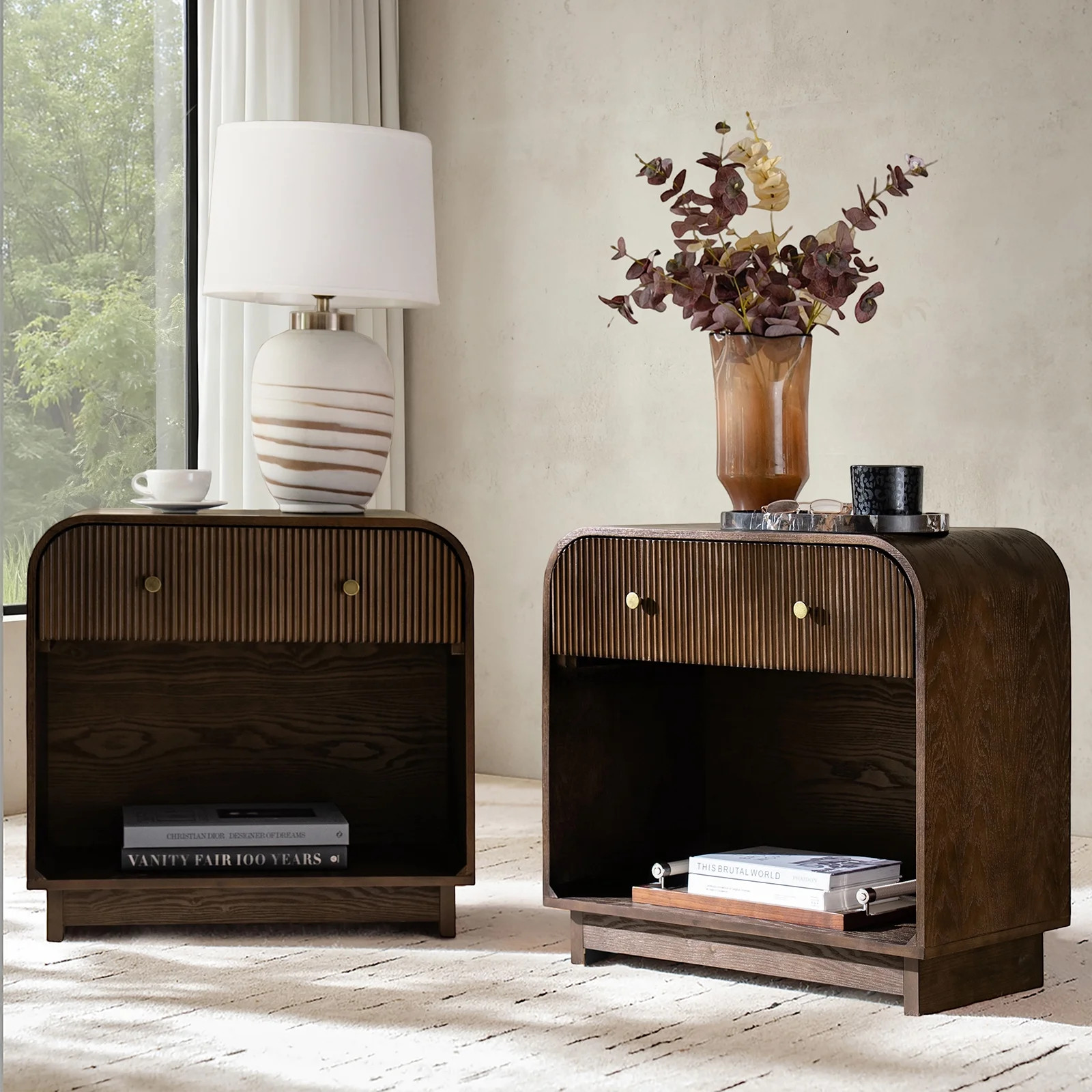 Tina's Home 28" Wide Modern Curved End Table Set of 2 with USB Charging Station, 1 Drawer and Ope... | Walmart (US)