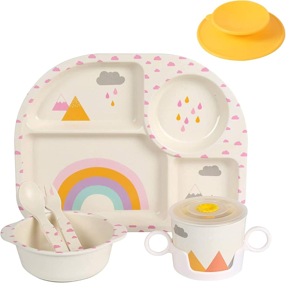 shopwithgreen 7Pcs/Set Bamboo Kids Dinnerware Set - Children Dishes - Food Plate Bowl Cup Spoon F... | Amazon (US)