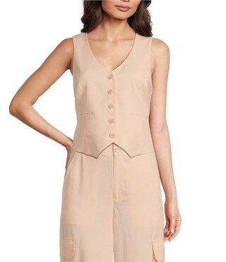 Brooke V-Neck Drapey Linen Blend Button Front Vest | Dillard's