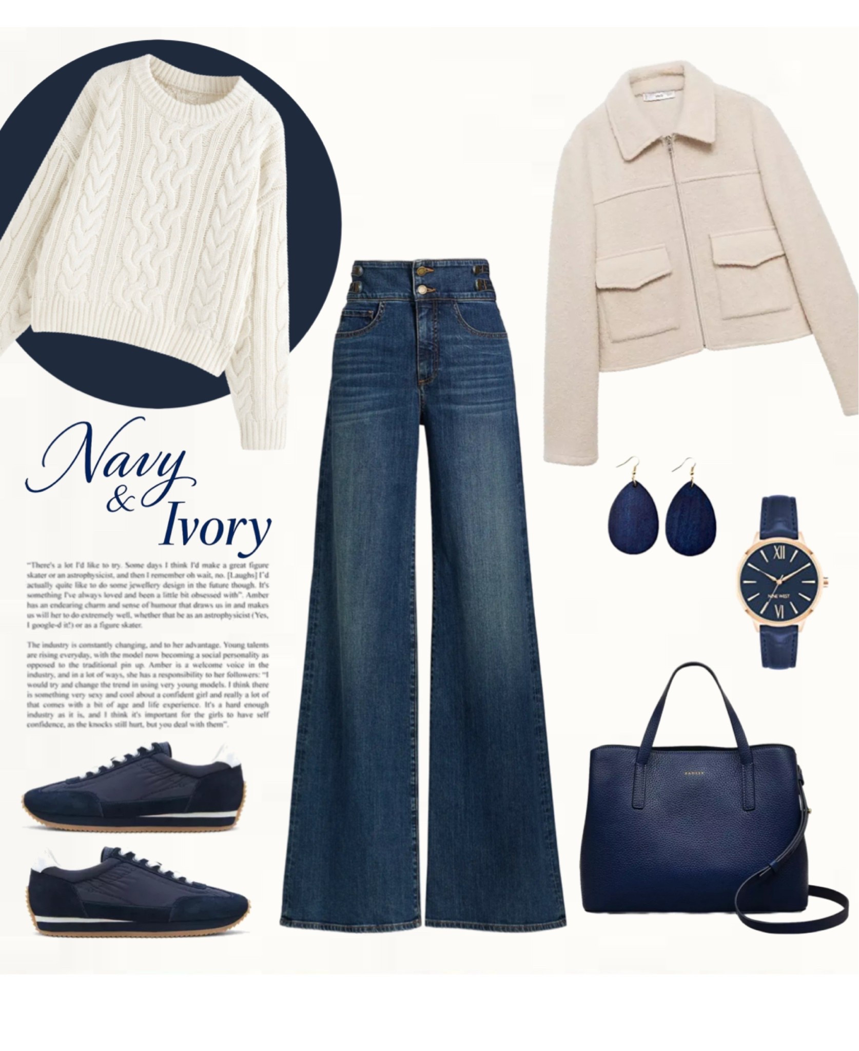 Cream cable knit sweater styled with dark blue wide-leg jeans, a light beige jacket, navy sneakers, a navy leather tote bag, navy earrings, and a navy watch. An effortless navy and ivory early spring outfit that feels polished and easy to wear.
#navystyle #springoutfit #casualchic

#LTKootd #LTKOver40 #LTKSeasonal