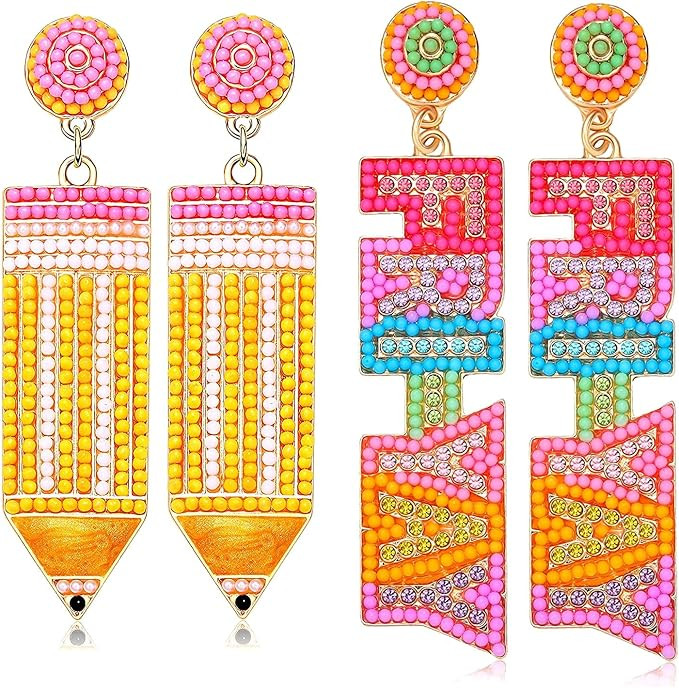 2/3 Pairs Pencil Earrings Teacher Earrings for Women Rhinestone Beaded Dangle Drop Earrings Color... | Amazon (US)