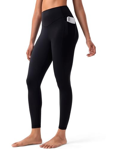 YUNOGA HugMotion No Front Seam Leggings for Women with Pockets - 25 Inches High Waisted Buttery Soft Workout Gym Yoga Pants (M, Black) | Amazon (US)