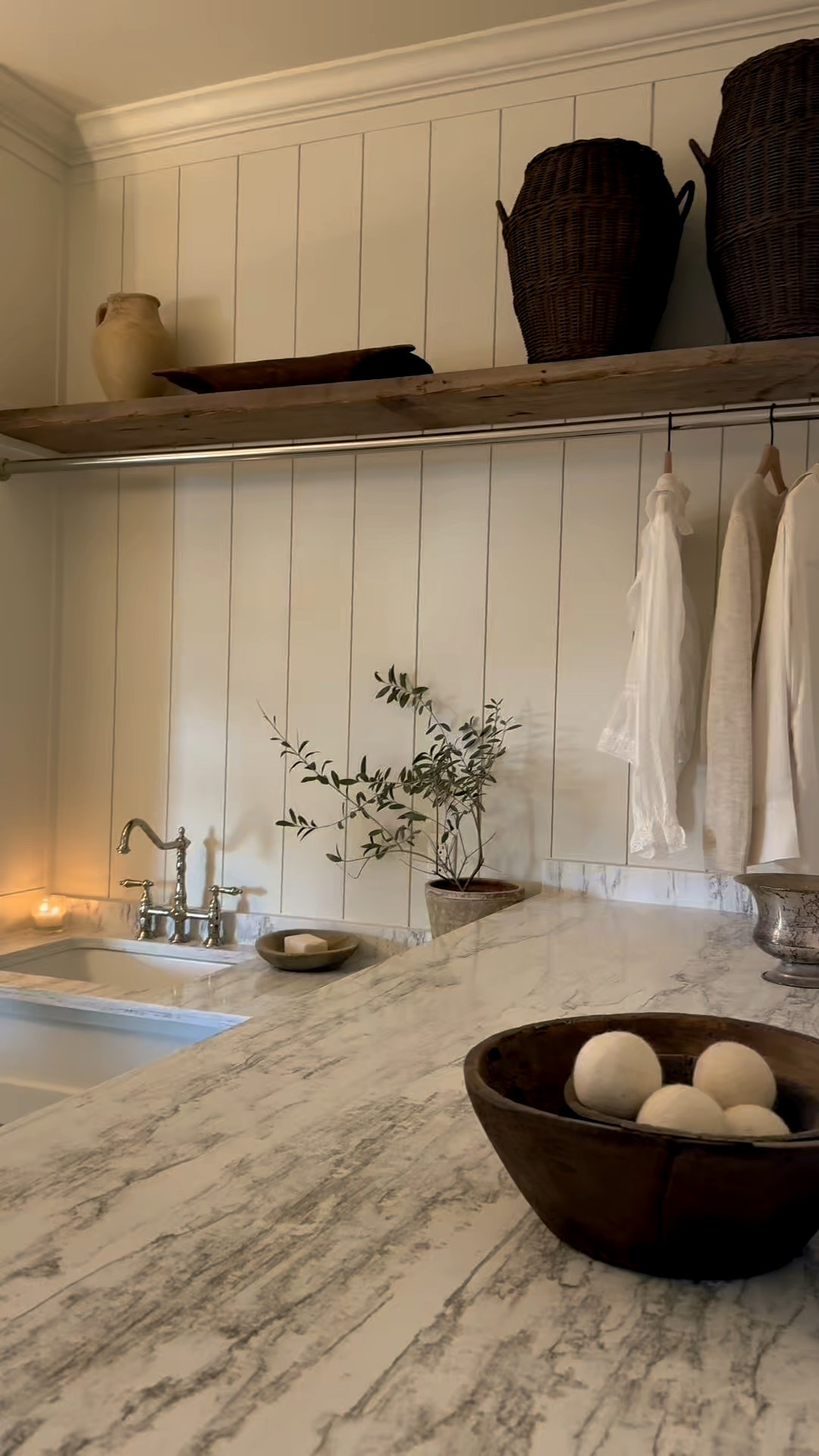 Laundry room that dreams are made of! I just got these lidded handled baskets in from @mcgeeandco — the color is so good! Shop everything you see here! This checkered tile is so affordable from @lowes lowes as well as the polished nickel cabinet pulls and sink faucet! Walls are shoji white - Sherwin Williams  

#LTKHome