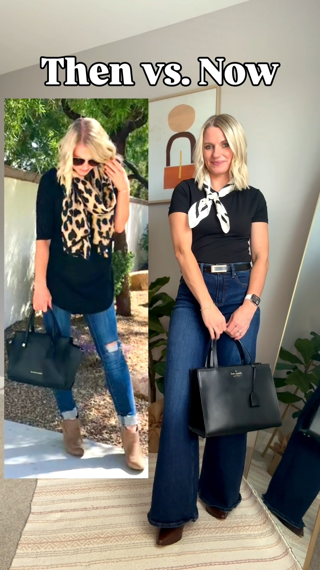 What I wore then vs. what I wore now! I updated the silhouette of this classic fall outfit I wore in 2017. 
Opening outfit
Jeans- 0 (code: DJXKATIE20 for 20% off @dearjohndenim) 
Cardigan- small
Updated outfit 
Jeans- 0/regular
Top- small￼