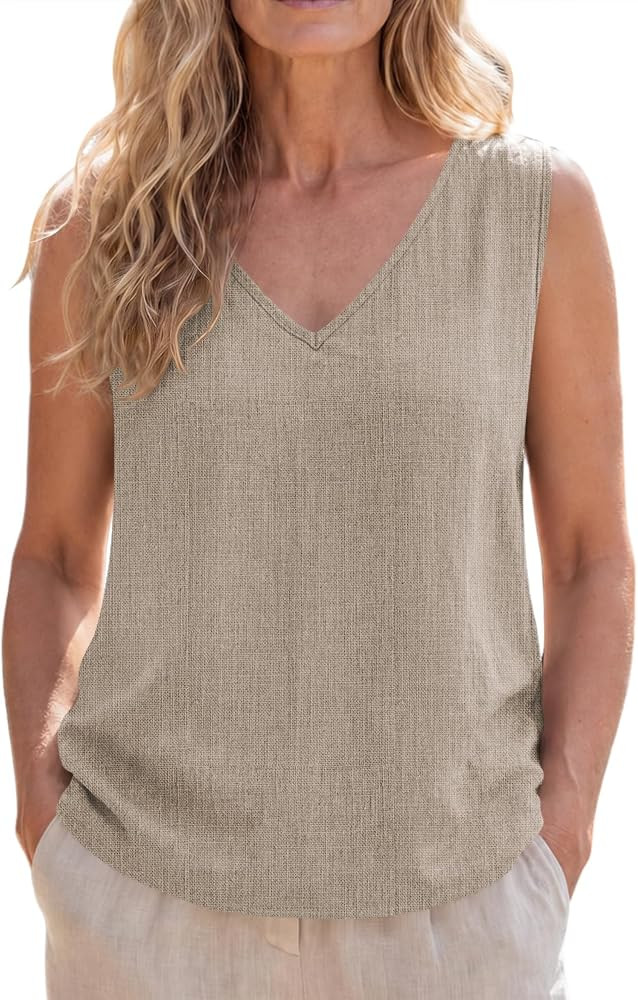 SVALIY Viscose Linen Tops for Women Tank Top Summer Loose V Neck Sleeveless Shirts 2026 Vacation Beach Outfits Trendy | Amazon (US)