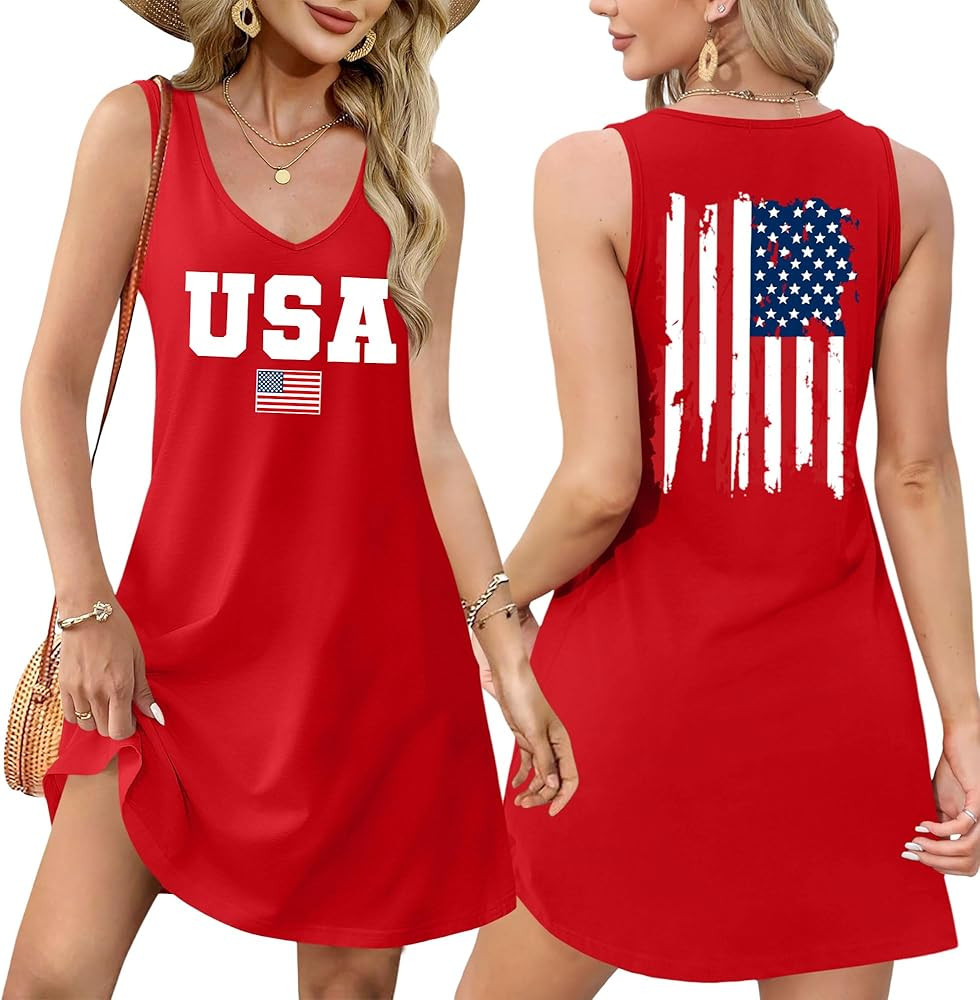 LHBNK 4th of July Dress for Women: American Flag Tank Dresses Star Striped Splicing Loose V Neck ... | Amazon (US)