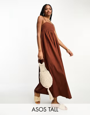 ASOS DESIGN Tall cotton pleat bust babydoll midi sundress in chocolate | ASOS (Global)