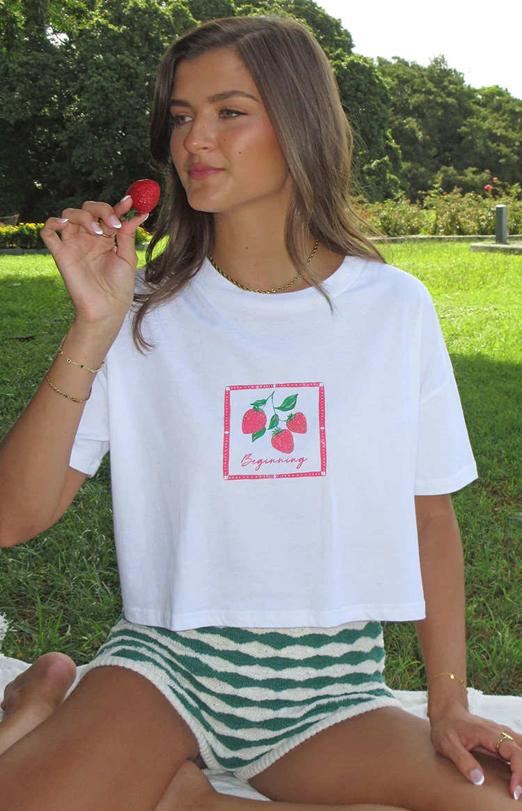 Strawberry Jewel White Cropped Tee | Beginning Boutique (AU)