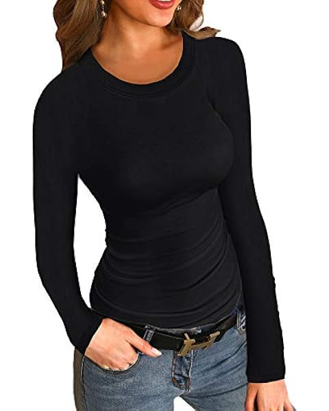 PALINDA Womne's Ribbed Round Neck Slim Fitted T Shirts Basic Solid Long Sleeve Layering Tee Tops | Amazon (US)