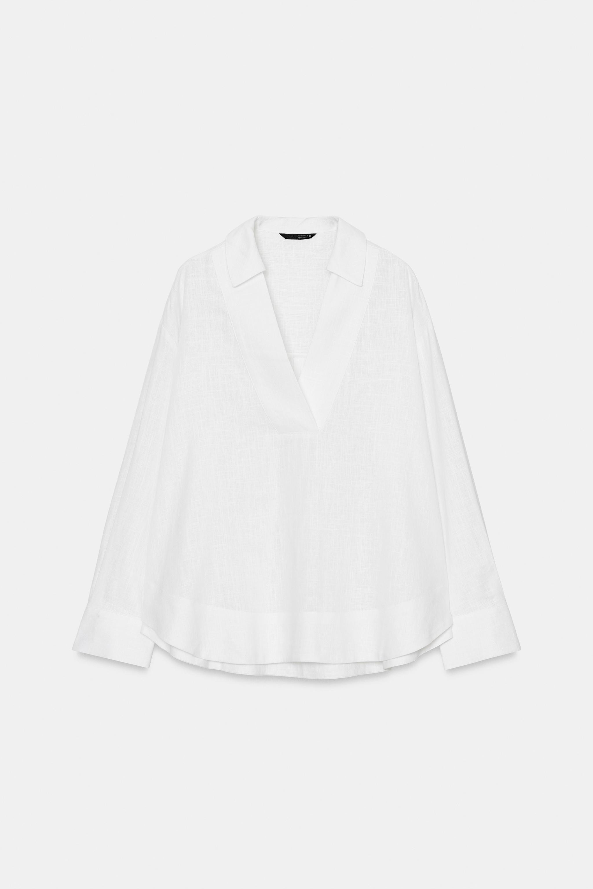LINEN BLEND POLO COLLAR BLOUSE | Zara US