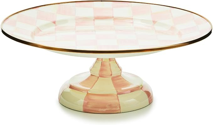 MACKENZIE-CHILDS Enamel Pedestal Platter, Round Cake Stand, Small, Pink-and-White Rosy Check | Amazon (US)