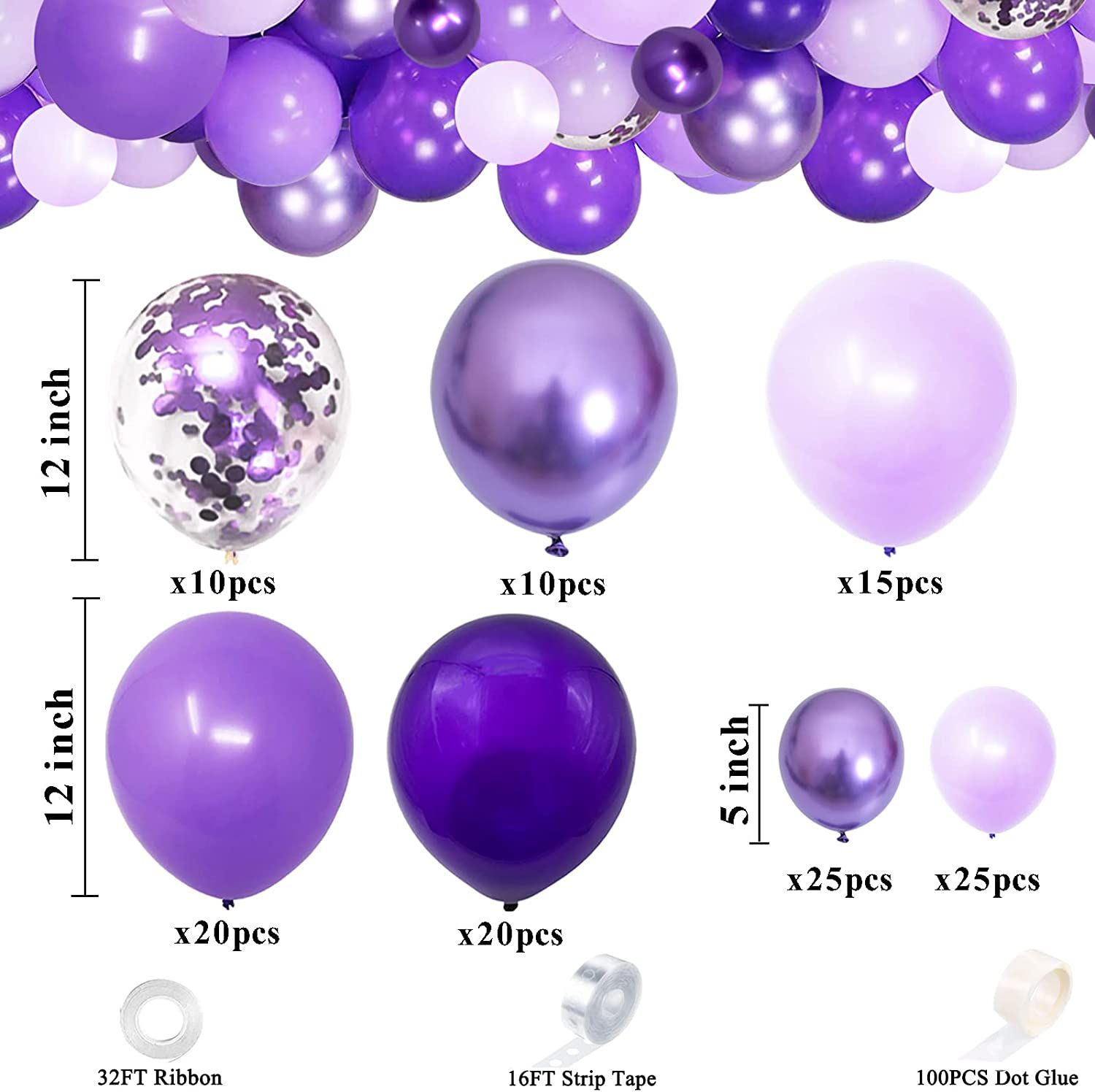 Purple Shades Balloons Garland Arch Kit-128Pcs 5” 12” Dark Pastel Light Metallic Confetti Pur... | Amazon (US)