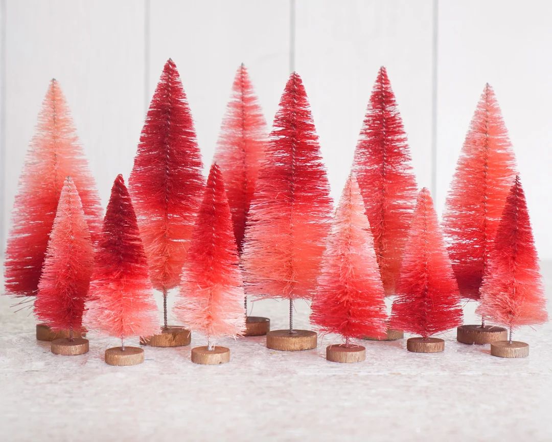 Cranberry Bottle Brush Tree Set - 12 Mixed Size Dip Dyed Sisal Christmas Trees | Etsy (US)