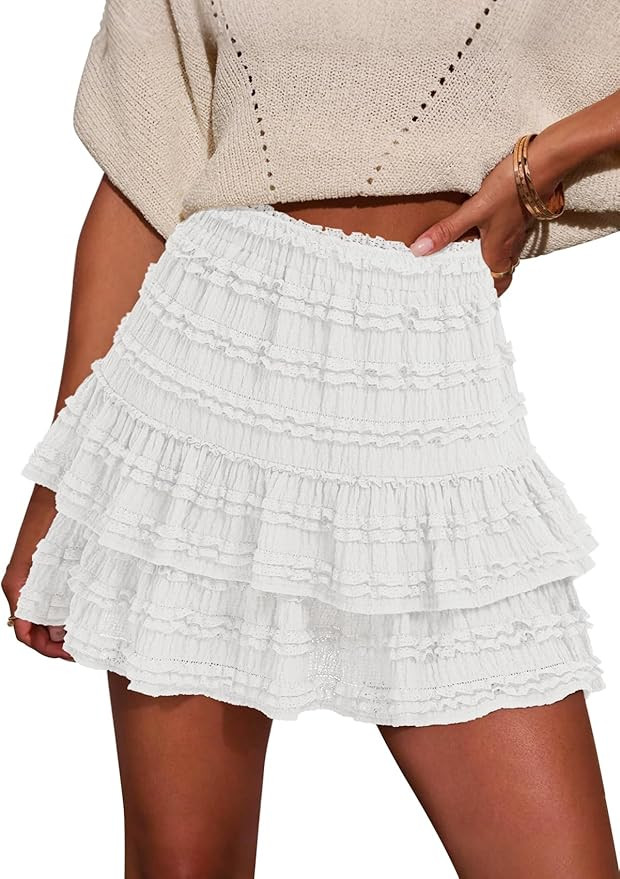 IVIR White Mini Skirt for Women Flowy Ruffle Shorts Boho Casual High Waist Skorts 2026 Trendy Tie... | Amazon (US)