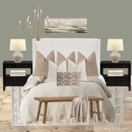 Neutral bedroom, McGee bedroom, upholstered bed, neutral rug, art above bed,  neutral wall art, landscape art, gold chandelier, black nightstand, wood bench, distressed lamp, neutral bed pillows, neutral duvet cover, bedroom decor 

#LTKhome