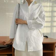 Vertical Striped Drop Shoulder Pocket Patched Shirt | SHEIN