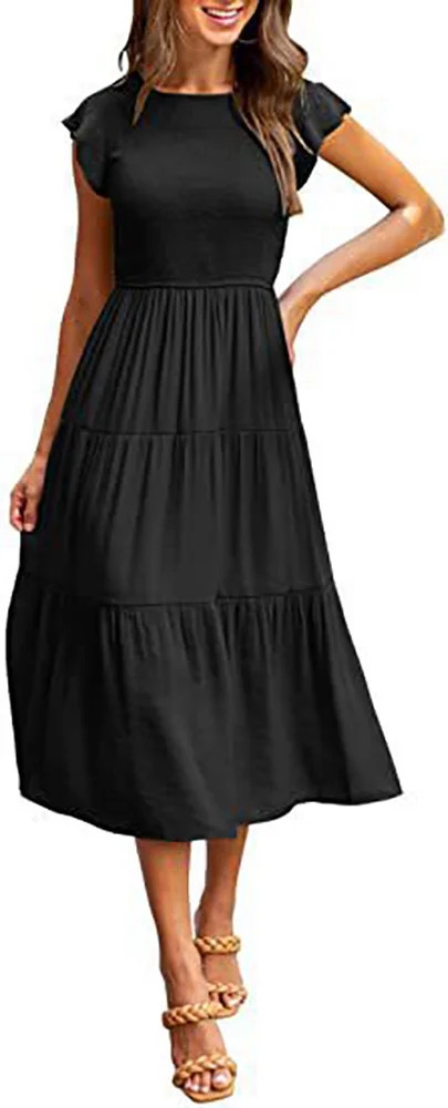 Mengpipi Womens Casual Short Sleeve Midi Dresses Smocked Flowy Tiered Dress Black,(US 12-14) | Walmart (US)