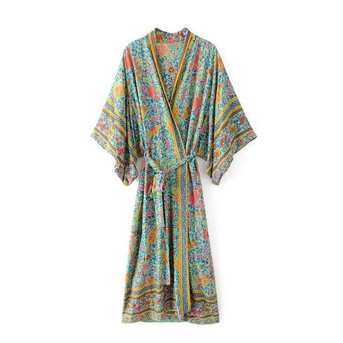R.Vivimos Women's Vintage Floral Print Beach Boho Cardigan Kimono Maxi Swimwear Cover up Dress Wrap | Amazon (US)