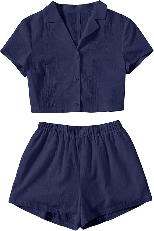 Floerns Women's Button Down Blouse Shirt Top with Shorts Set Two Piece Outfits | Amazon (US)