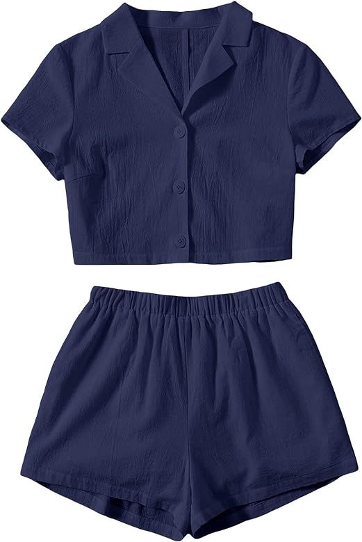 Floerns Women's Button Down Blouse Shirt Top with Shorts Set Two Piece Outfits | Amazon (US)