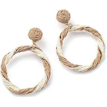 Boho Raffia Hoop Dangle Earrings Twisted - Statement Rattan Round Geometric Earrings For Summer B... | Amazon (US)